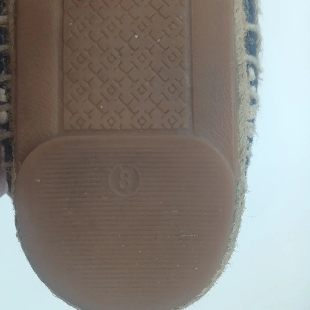 Tory Burch Navy Blue Canvas Woven Espadrille Flats Double T Logo Size 8